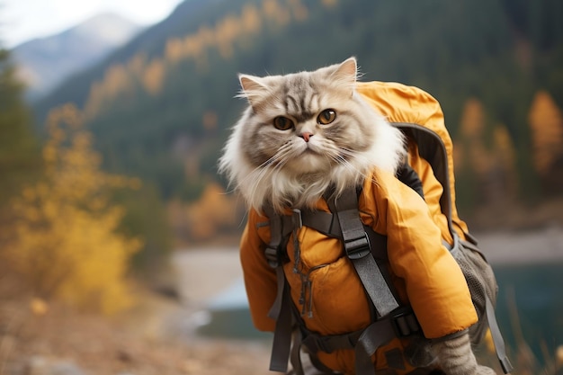 Un simpatico gatto turista che indossava uno zaino sulla schiena è andato a Generative Ai