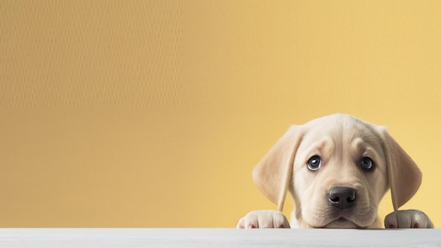 Un simpatico labrador retriever che scruta su un tavolo con un grande sfondo vuoto.