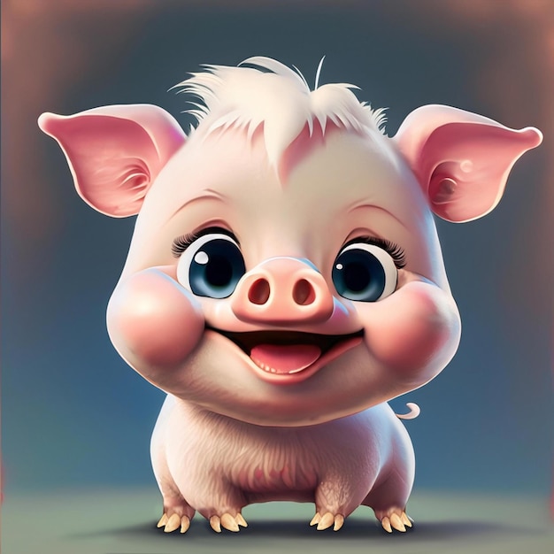 Un simpatico maiale cartone animato 3d con gli occhi azzurri è mostrato con un naso blu e un bel sorriso