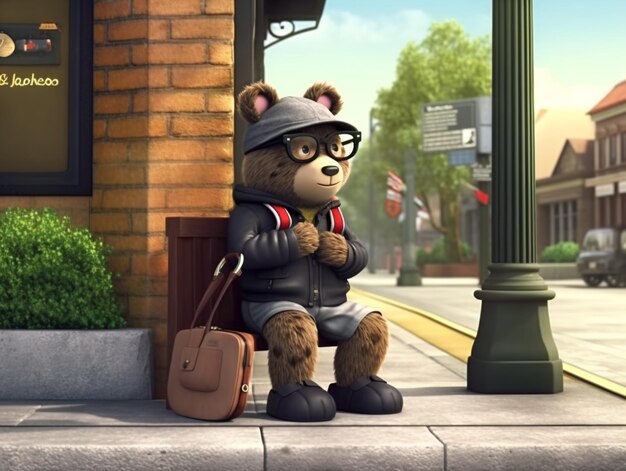 Un simpatico orsetto animato che indossa una giacca nera e porta una borsa in attesa di un autobus per andare al lavoro