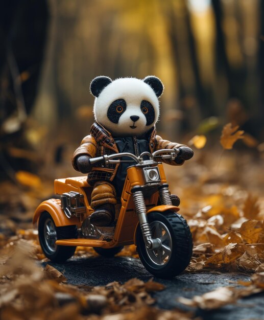 un simpatico panda su una minimoto che attraversa una foresta