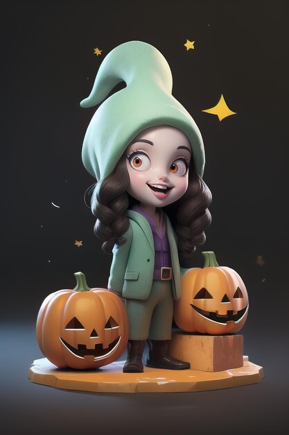 Un simpatico personaggio femminile dei cartoni animati tiene una zucca con uno stile di moda di Halloween