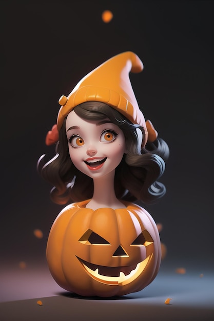 Un simpatico personaggio femminile dei cartoni animati tiene una zucca con uno stile di moda di Halloween