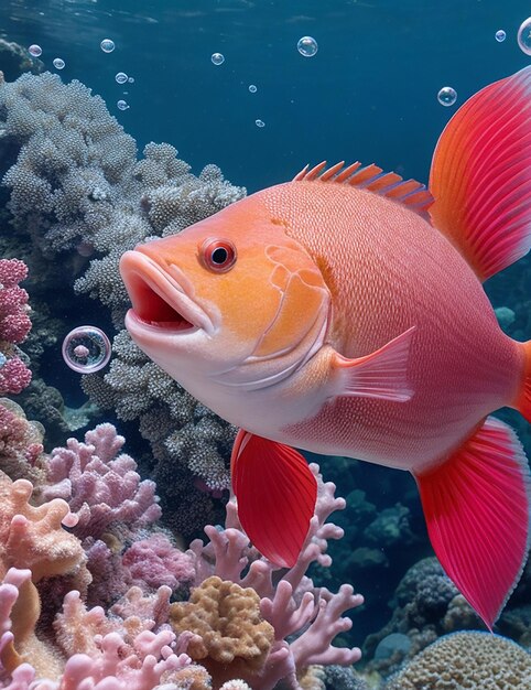 Un simpatico pesce con occhi grandi naso rosa e una coda rossa è circondato da bolle