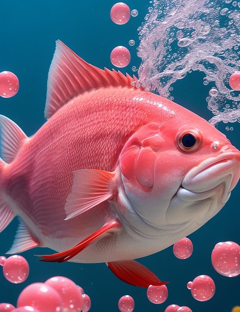 Un simpatico pesce con occhi grandi naso rosa e una coda rossa è circondato da bolle