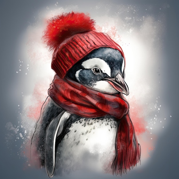 Un simpatico pinguino con cappello e sciarpa in stile cartone animato rosso e grigio Generative AI