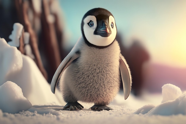 Un simpatico pinguino si erge sulla neve sotto un cielo blu IA generativa