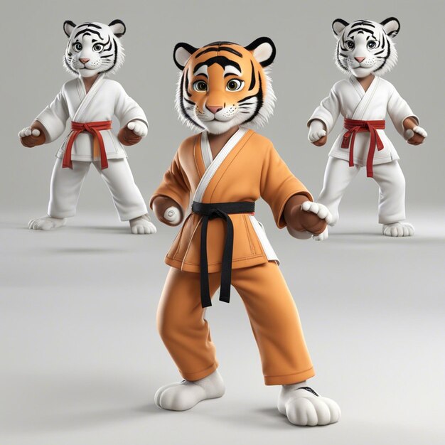 Un simpatico ragazzo tigre di karate con panni di karate su sfondo bianco