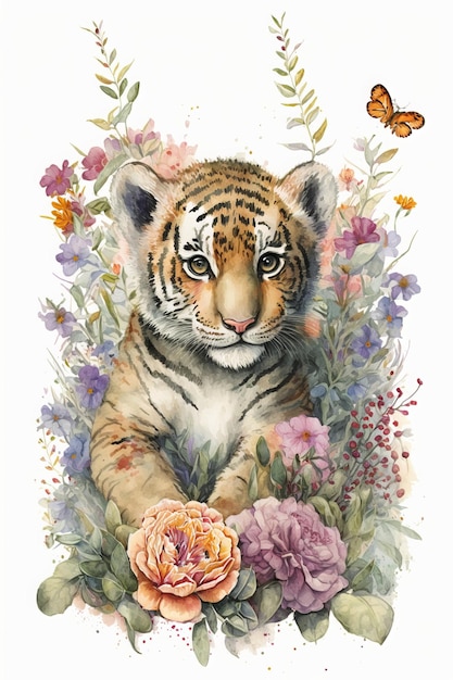 un simpatico ritratto di baby-tigre su sfondo bianco, circondato da fiori colorati