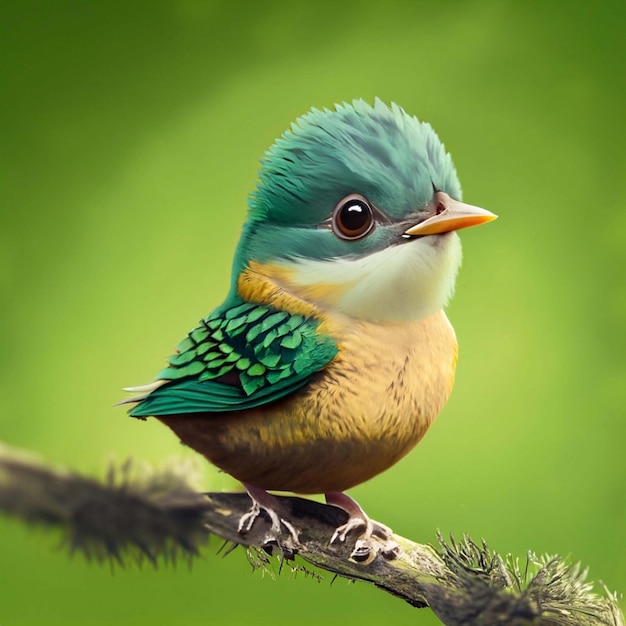 Un simpatico uccellino verde con gli occhiali da sole sulla testa in piedi davanti a uno sfondo verde IA generativa