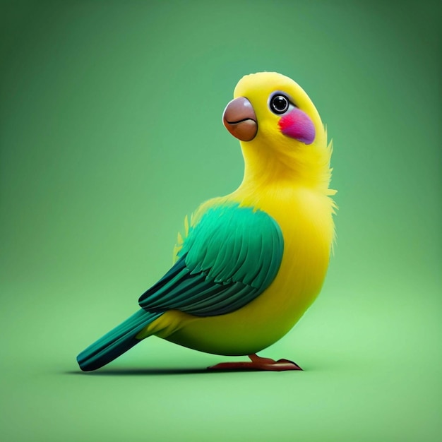 Un simpatico uccellino verde con gli occhiali da sole sulla testa in piedi davanti a uno sfondo verde IA generativa