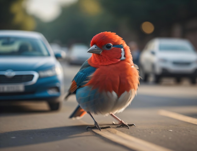 Un simpatico uccello colorato sulla strada