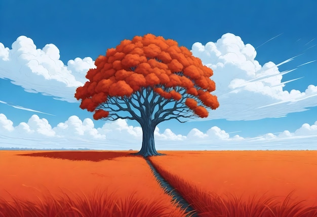 Un singolo albero a foglia arancione al centro di un campo con erba rossa sotto un cielo blu con nuvole