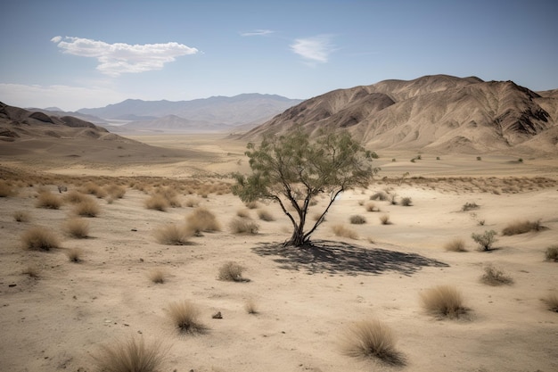 Un singolo albero espansivo che appassisce gradualmente alle prese con un ambiente arido e aspro IA generativa