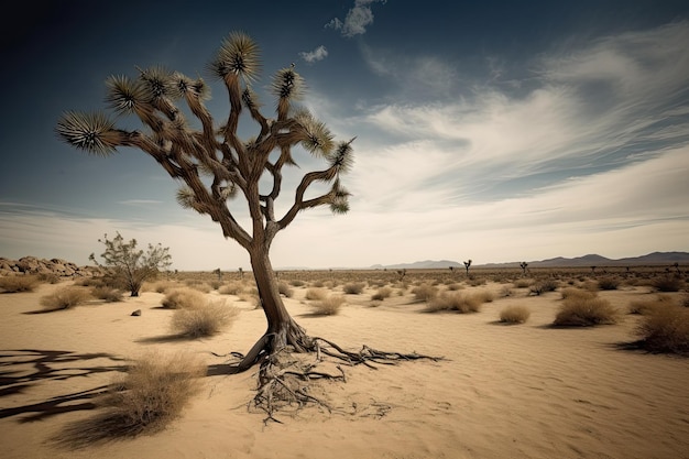 Un singolo albero espansivo che appassisce gradualmente alle prese con un ambiente arido e aspro IA generativa