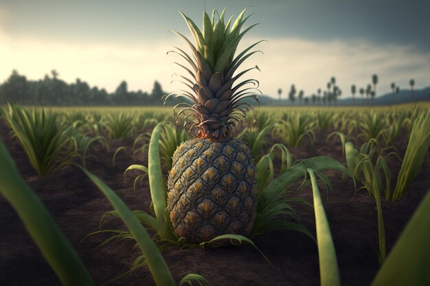 Un singolo ananas completamente maturo sta crescendo in un campo