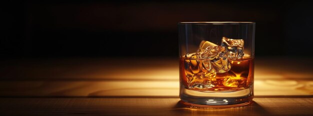Un singolo bicchiere di whisky con ghiaccio evidenziato su uno sfondo scuro con spazio per il testo