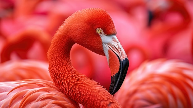 Un singolo fenicottero rosso in primo piano con il piumaggio di corallo tra il gregge