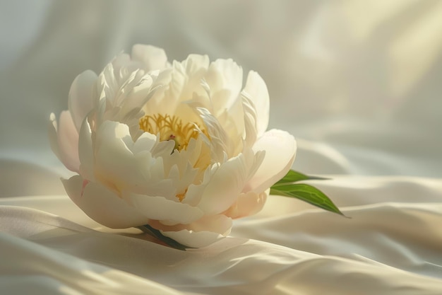 Un singolo fiore di peonia in fiore con petali bianchi morbidi e luce solare dorata su un elegante tessuto di satin