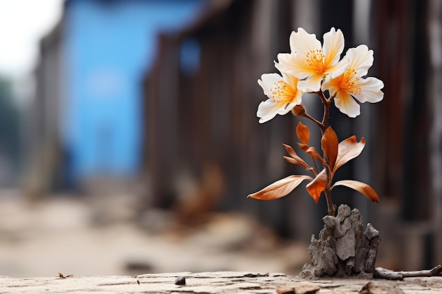 un singolo fiore è posato sopra un pezzo di legno