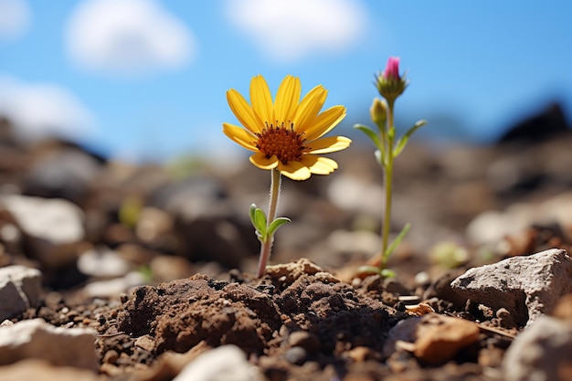 un singolo fiore giallo cresce dal terreno