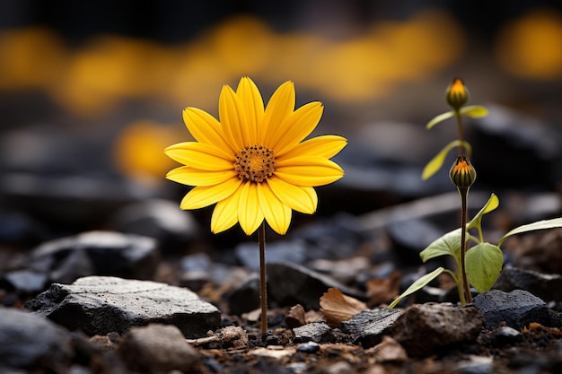 un singolo fiore giallo cresce dal terreno