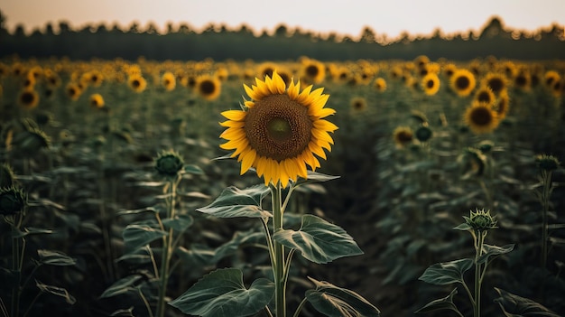 Un singolo girasole perfetto che si erge alto in un campo generato dall'intelligenza artificiale