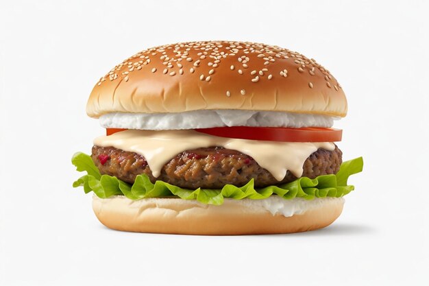 Un singolo hamburger isolato su uno sfondo bianco Fast food di hamburger fresco con carne di manzo e formaggio a crema