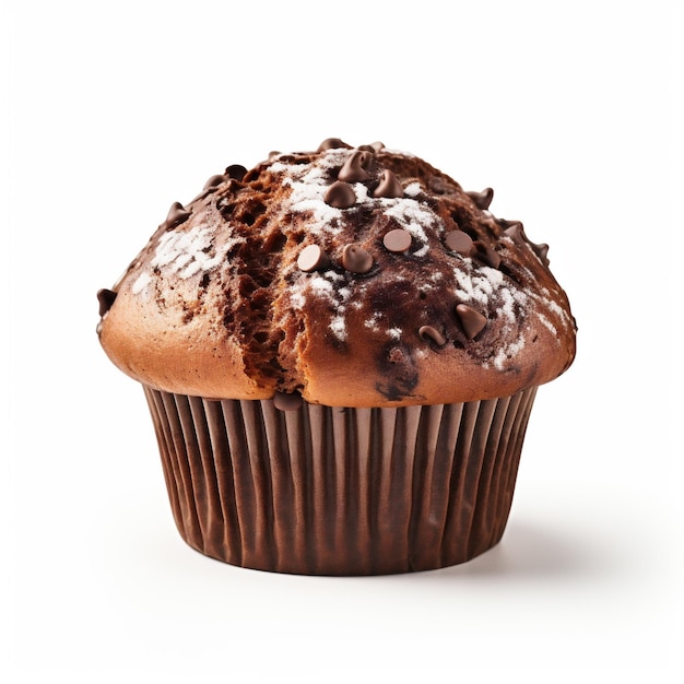 Un singolo muffin al cioccolato appena cotto isolato su uno sfondo bianco