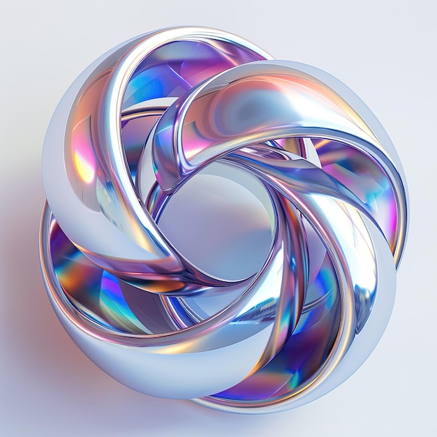 Un singolo oggetto metallico lucido forma una spirale di astrazione olografica colorata