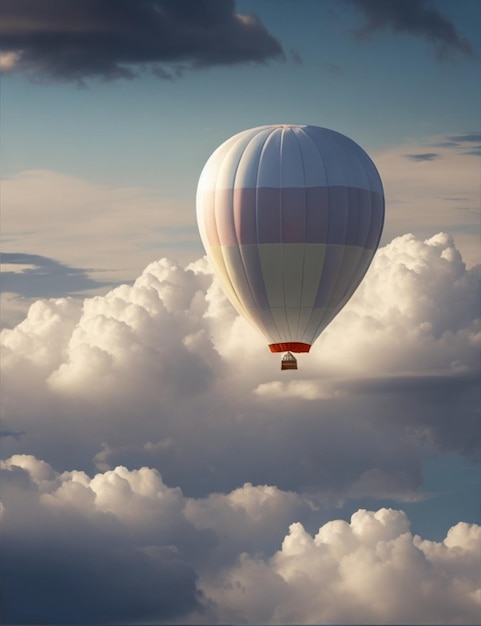 Un singolo palloncino che si alza lentamente nelle nuvole con un singolo passeggero all'interno