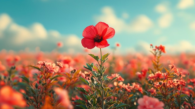 Un singolo papavero rosso si distingue in un campo di fiori rosa morbidi catturando una miscela di tranquillità e