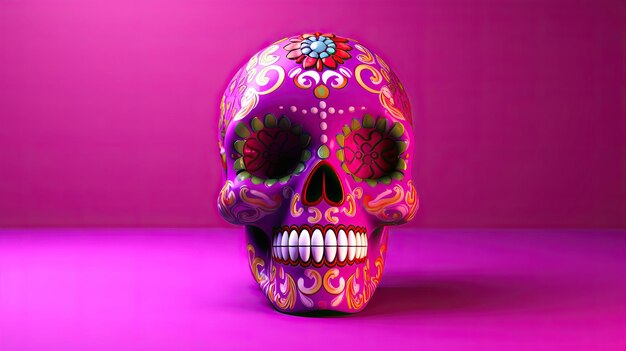 Un singolo teschio di zucchero o Catrina su uno sfondo o carta da parati magenta vivace