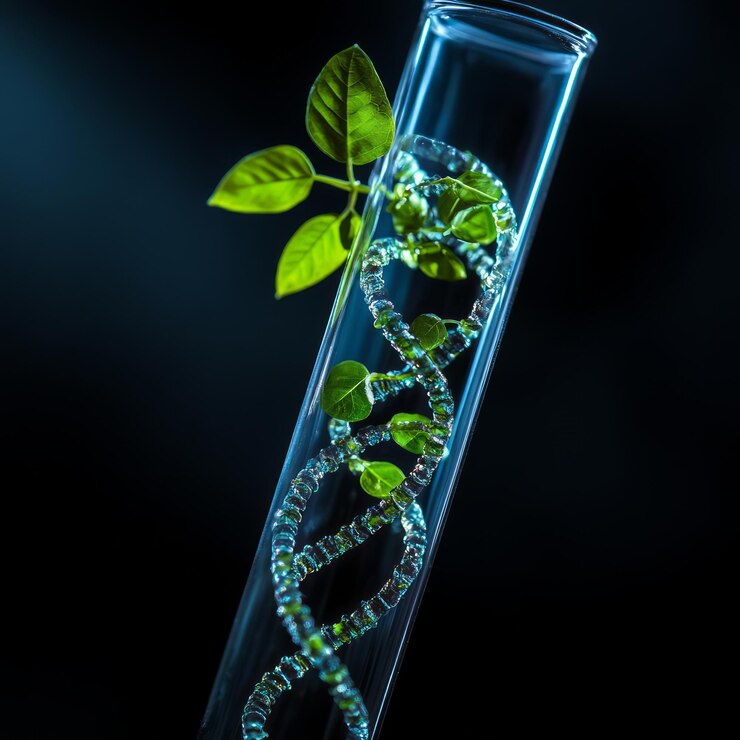 Foto un singolo tubo di prova con una pianta verde che germoglia all'interno e un filamento di dna formato da foglie