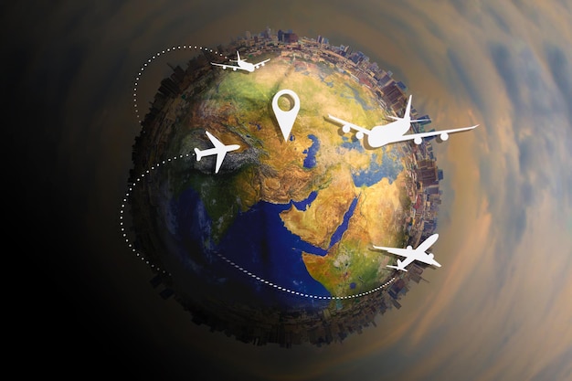 Un sistema globale di gestione delle consegne della logistica con schermate simulate di aeromobili che mostrano vari voli per il trasporto e i passeggeri