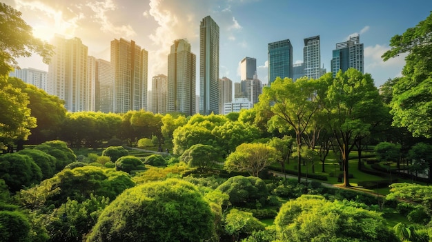 Un skyline cittadino con spazi verdi e parchi che illustrano l'integrazione dello sviluppo urbano con la natura per creare comunità sostenibili e abitabili