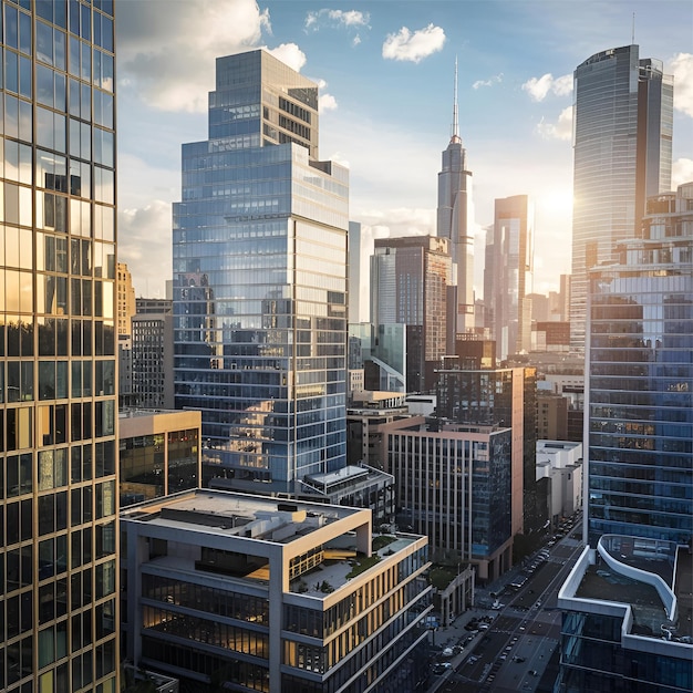 Un skyline urbano moderno che incarna l'innovazione adornato da alti disegni futuristici in vetro