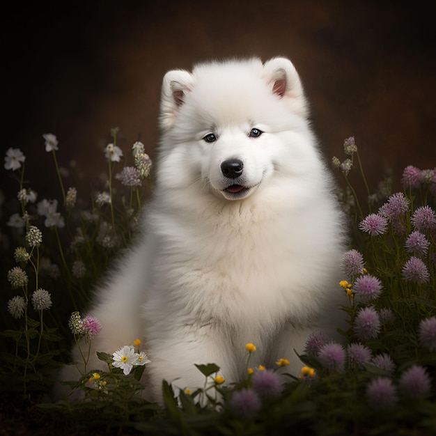 Un soffice cane bianco è seduto in un campo di fiori.