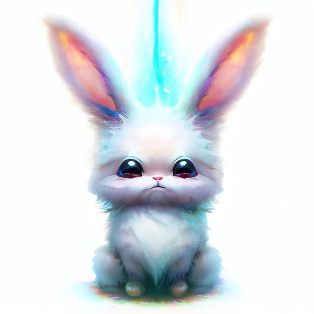Un soffice coniglio bianco con grandi orecchie è seduto su una superficie bianca.