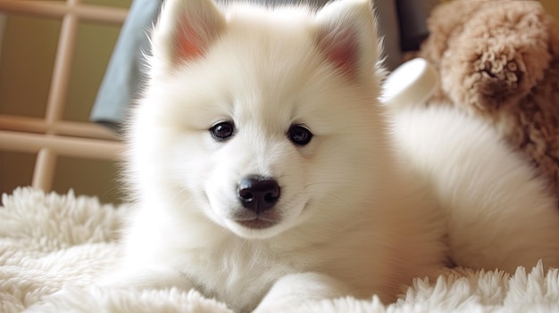 Un soffice cucciolo bianco con gli occhi neri si siede su una coperta.