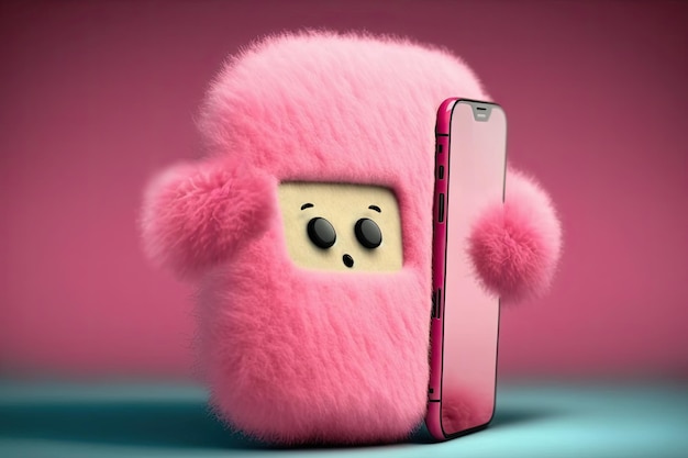 Un soffice rosa una creatura favolosa o un morbido giocattolo dolce sta parlando su un telefono cellulare per bambini