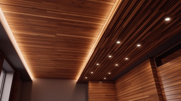 Un soffitto con luci e un soffitto in legno con luci accese.