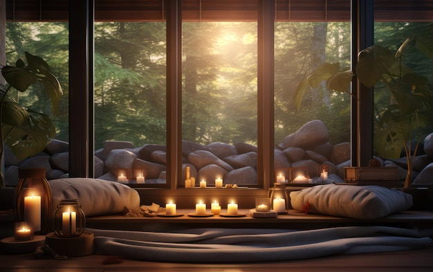 Un soggiorno accogliente e minimalista con un design interno di grandi finestre