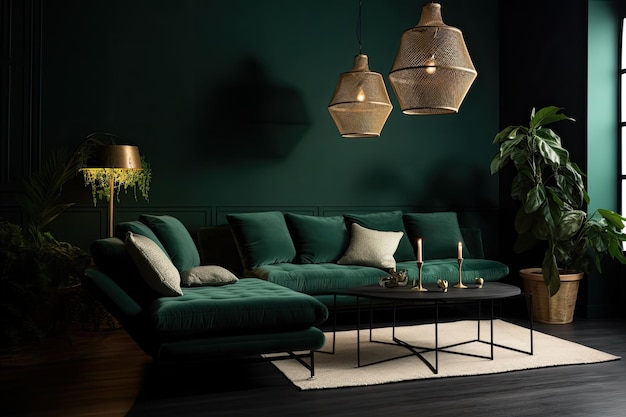Un soggiorno buio con un divano verde e un tavolino nero con una lampada bianca appesa.