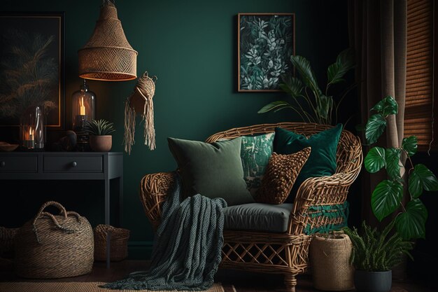 Un soggiorno buio con una sedia verde e una lampada con sopra una pianta.