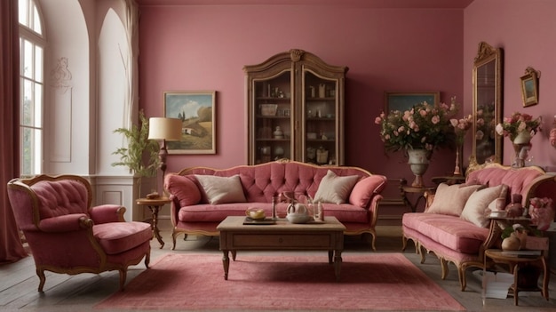 un soggiorno con divani rosa e un tavolo da caffè