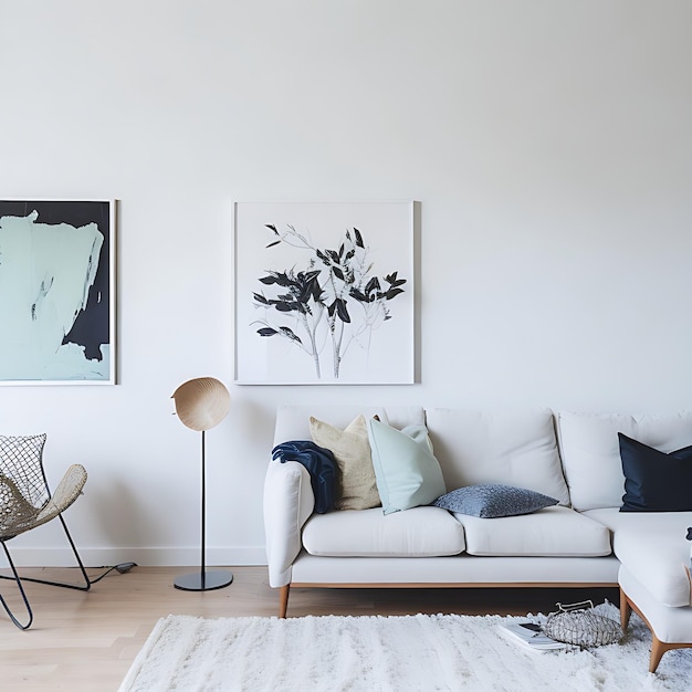 Un soggiorno con divano e un muro bianco con un dipinto sopra