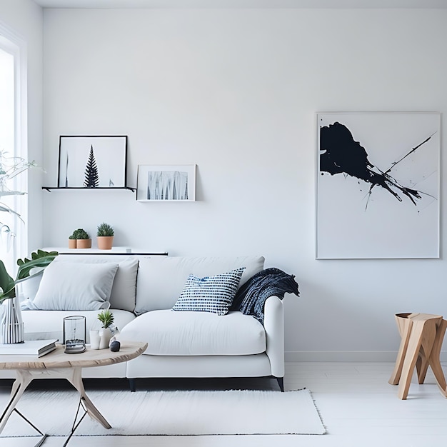 Un soggiorno con divano e un muro bianco con un dipinto sopra