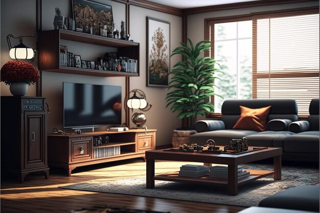 Un soggiorno con divano, tavolino e tv.