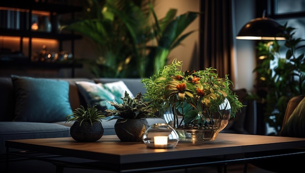 un soggiorno con divano, tavolo, piante e una lampada.